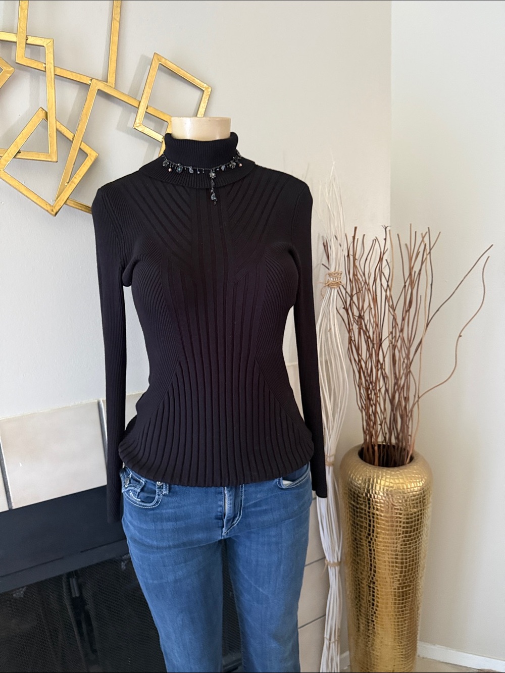 White House Black Market Black Ribbed Mock Neck Long Sleeve Top